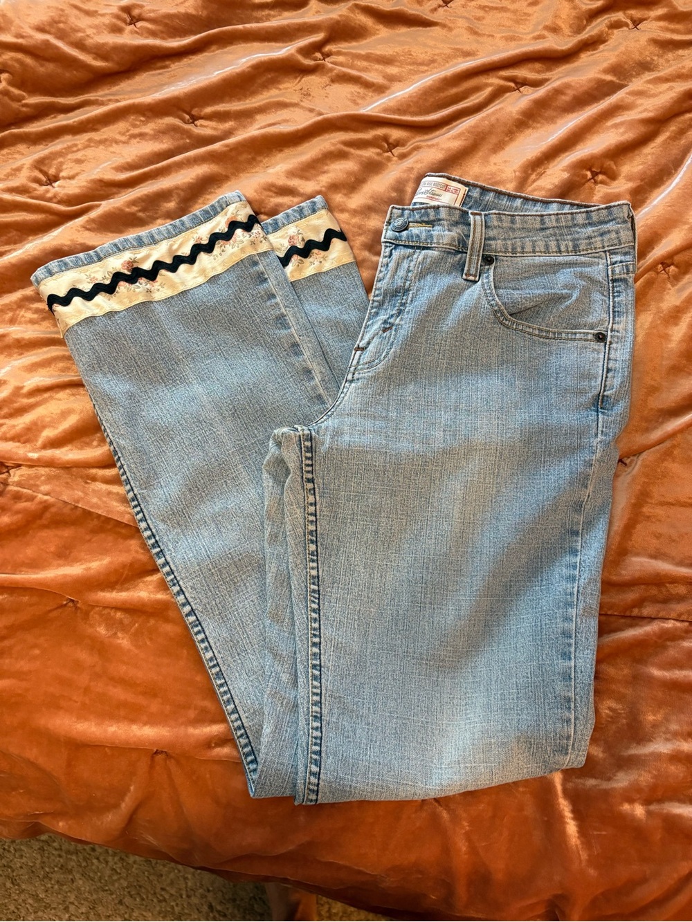 Signature Light Blue Bootcut Jeans with Decorative Vintage Ribbon 🎀 Trim